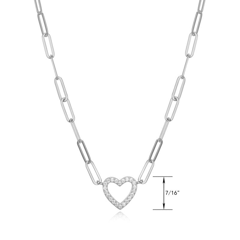 Sterling Silver Cubic Zirconia Heart Paperclip Necklace 18 Inches, Gift-Ready