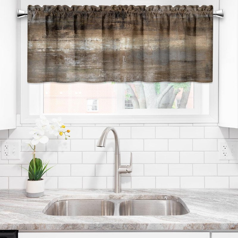Modern Abstract Kitchen Valance Curtain - Brown Grey, 18x52 Inches
