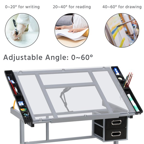 Adjustable Drafting Table with Drawers and Glass Top - Black