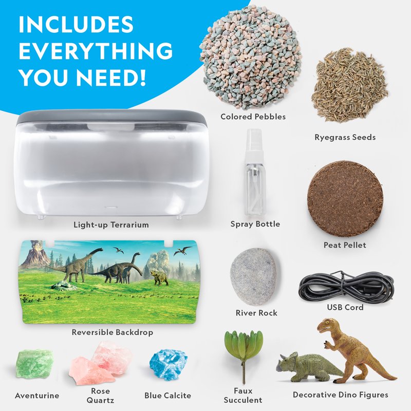 Kids Dinosaur Terrarium Kit with Real Plants Gemstones Light-Up Lid