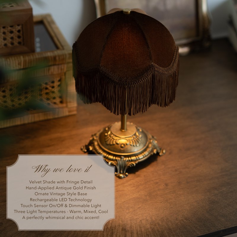 Rechargeable Victorian Style Velvet Fringe Table Lamp with Antique Gold Base