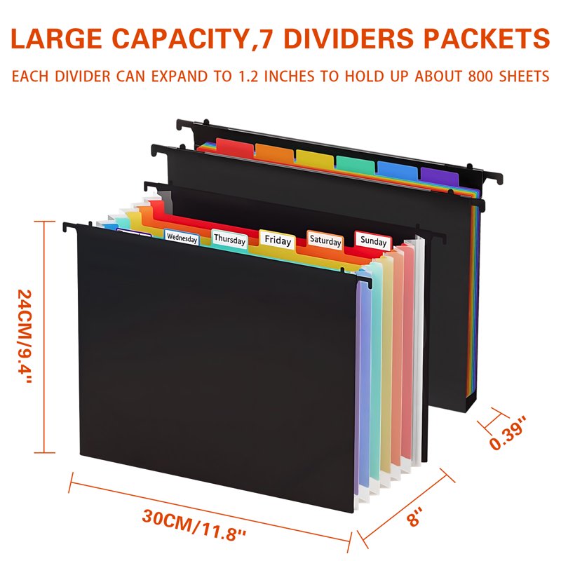 3 Pack Expanding Hanging File Folders for Office & Home Organization - Multi-Color Tabs, Large Capacity