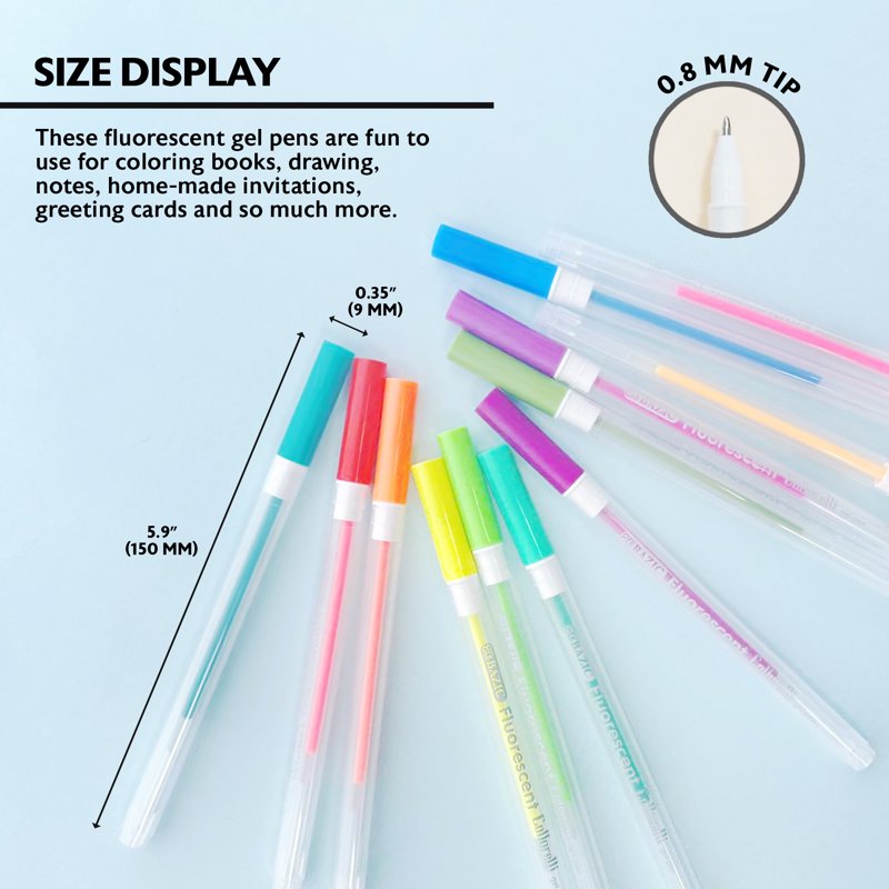 Fluorescent Gel Pens Set - 12 Colors, 0.8mm Medium Point for Writing & Art