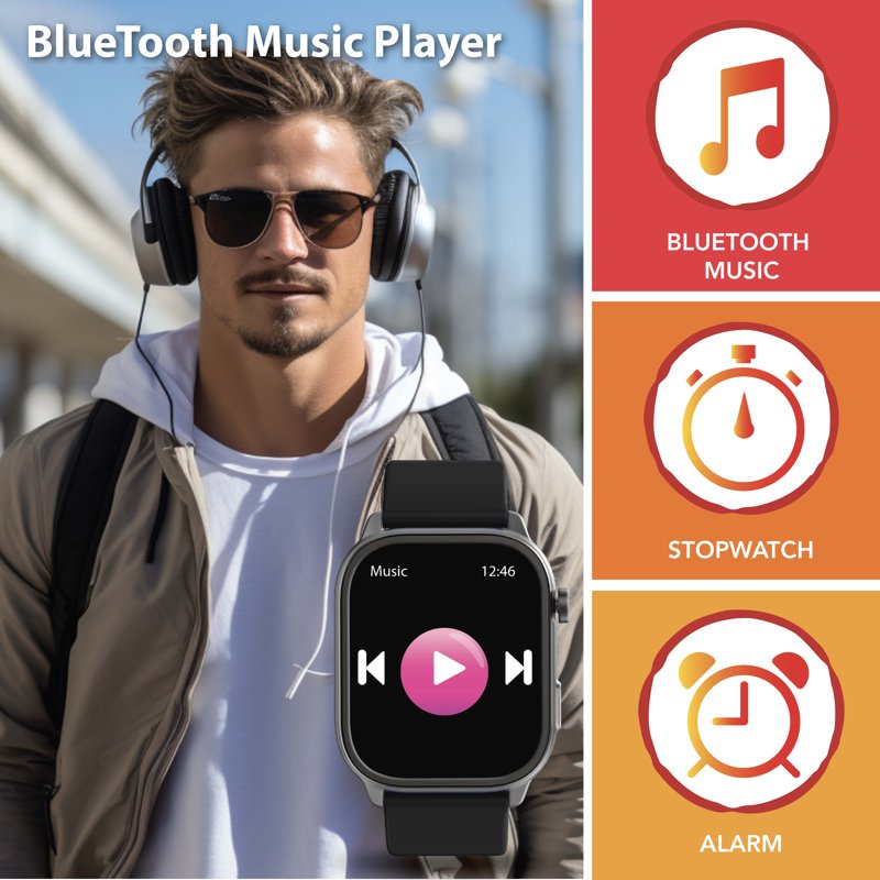Digital Adult Smart Watch 46mm with Interchangeable Silicone Straps - Bluetooth & Fitness Features