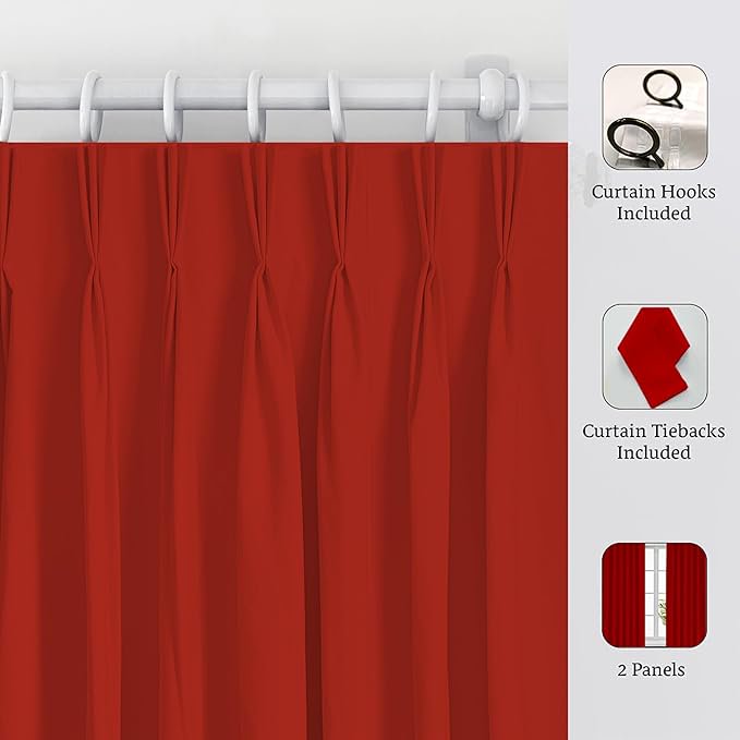Blackout Pinch Pleat Curtains with Tiebacks - Thermal Insulated Room Darkening Drapes