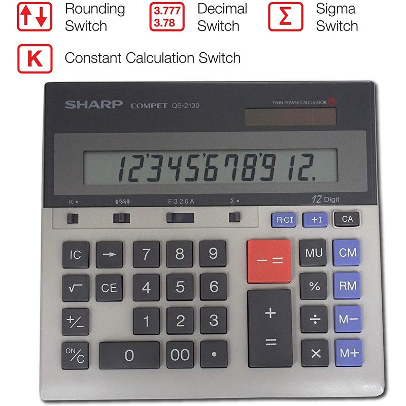 Compact Desktop Calculator with Solar Power and Memory - Sharp QS-2130