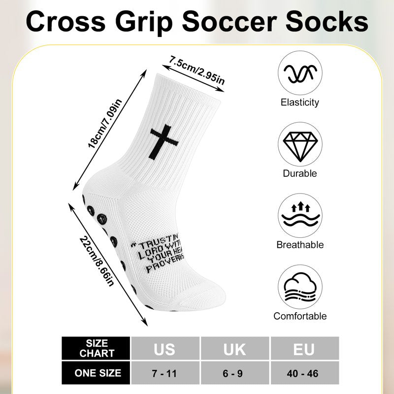 Cross-Grip Soccer Socks 4-Pair Set, White, Anti-Slip Training Socks US 7-11