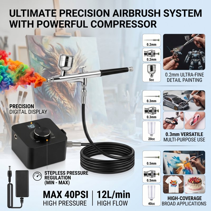 Professional Airbrush Kit with Compressor for Model Painting Nails Makeup & Cake Decorating