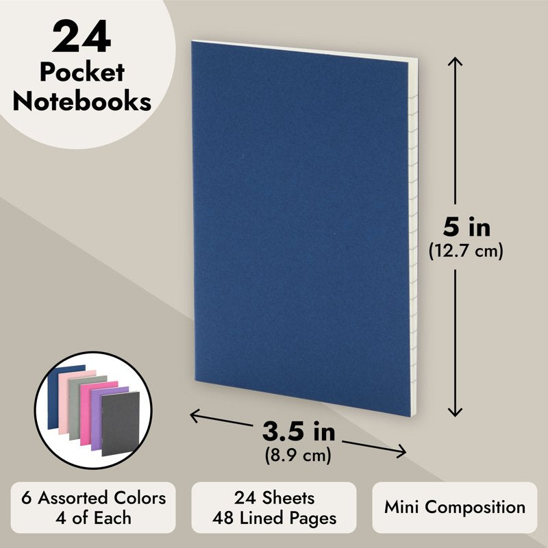 Mini Paper Notebooks Set - 24 Bulk Pocket Journals for Kids & Adults, 6 Colors, 3.5 x 5 in
