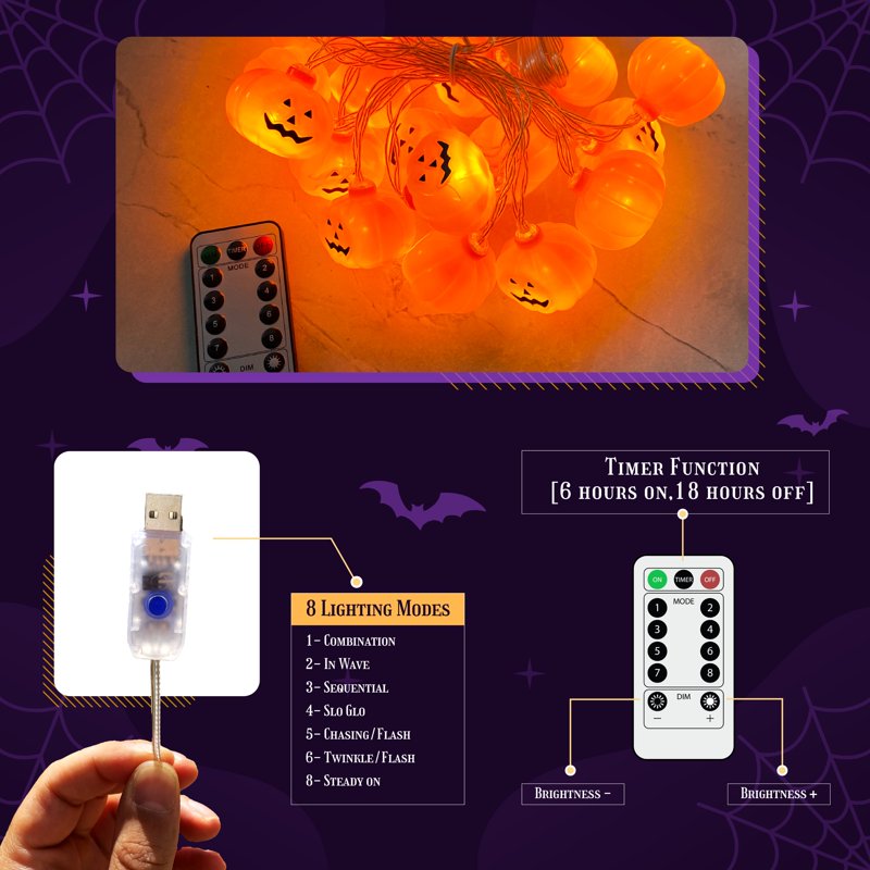 Halloween Pumpkin String Lights - 40 LED Bulbs, Indoor & Outdoor Decoration, 8 Modes, Battery Operated