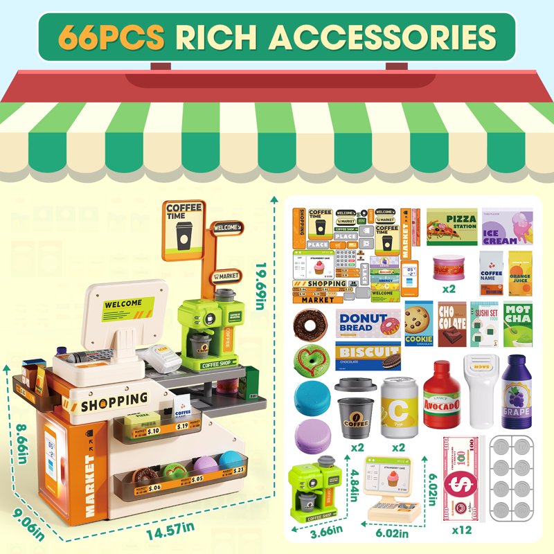 Kids Cash Register Play Set with Scanner & Play Food - Pretend Grocery Store Toy