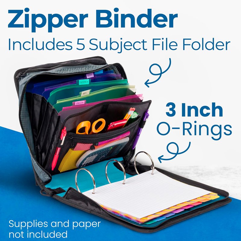 School Zipper Binder with 3-Inch O-Rings, 5-Subject Expanding File & Carrying Strap