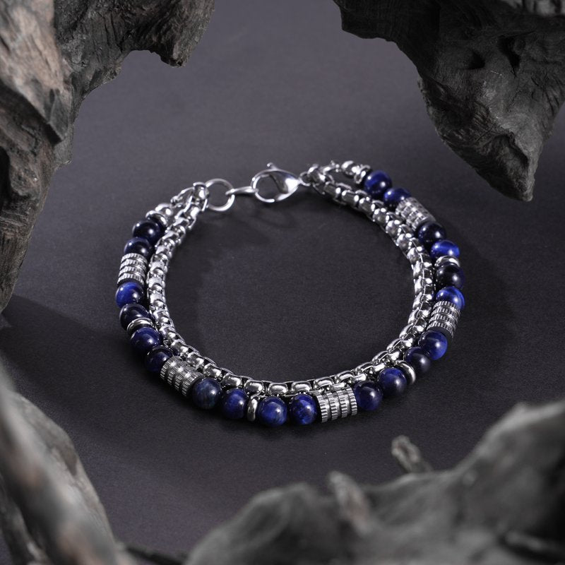 Men's Lapis Lazuli Bead Chain Bracelet - Stainless Steel, Blue Stone Jewelry