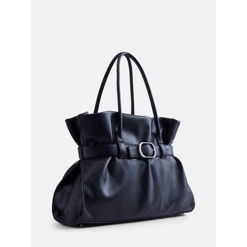 Women's Faux Leather Tote Bag with Buckle - Stylish and Spacious Handbag