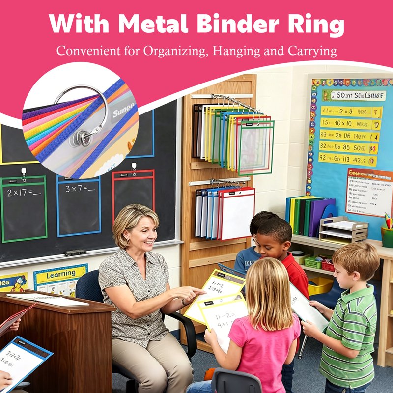 20 Pack Clear Dry Erase Pocket Sleeves with Rings 10x14 inch Classroom Organizer