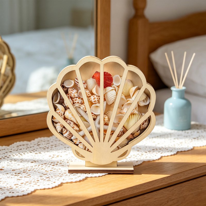 Seashell Wooden Storage Box with Clear Display Window - Beach Decor Organizer