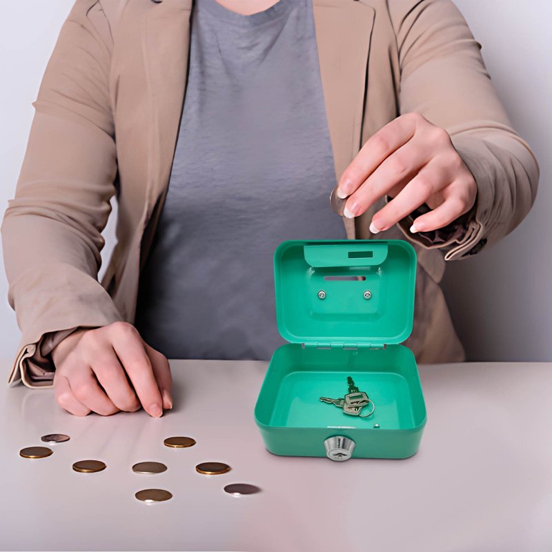 Mini Metal Cash Box with Lock and Handle - Coin & Money Organizer for Kids