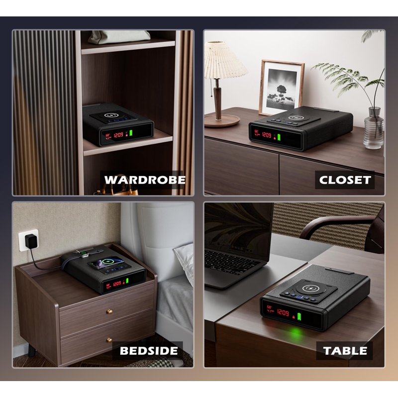 Biometric Smart Safe with Wireless Charging and Digital Clock - Compact Security Box