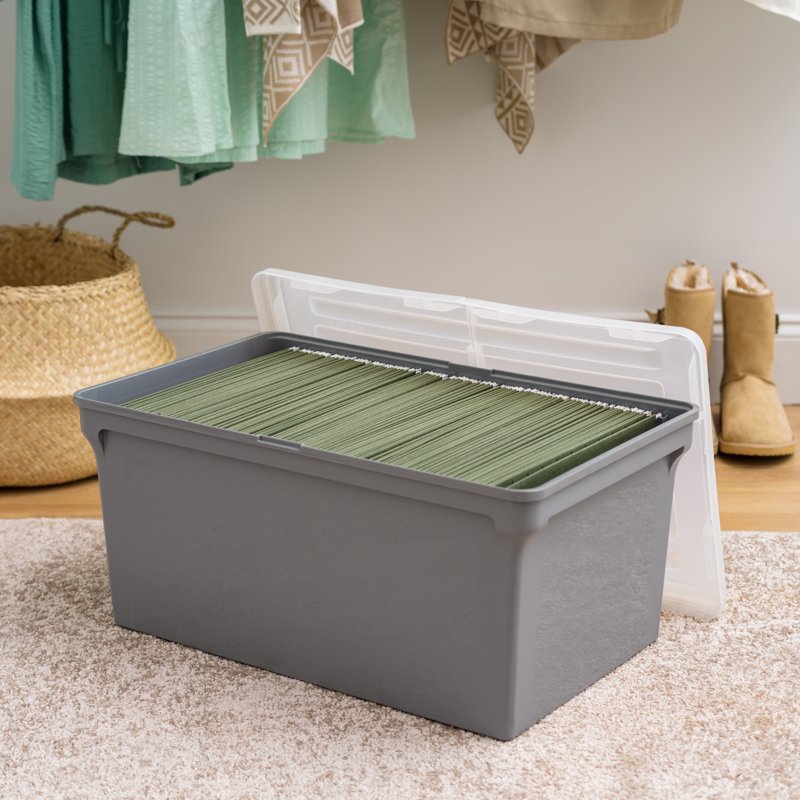 Plastic File Storage Box with Split Lid - Sturdy Document Organizer, Gray, 22.8"L x 13.74"W x 10.75"H