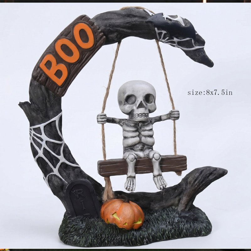 Halloween Skeleton Figurine with Crescent Tree Frame and Pumpkins - Spooky Desktop Decor