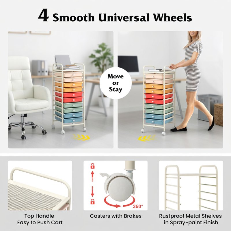 10-Drawer Rolling Storage Cart with Casters for Home & Office, Multicolor