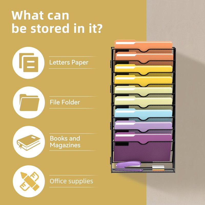 10-Tier Wall File Organizer Hanging Wall Paper Folder Storage for Office & Home
