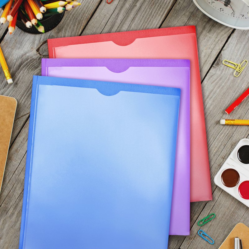 Heavy Duty Plastic Pocket Folders with Clear Front, Assorted Colors, 8 Pack