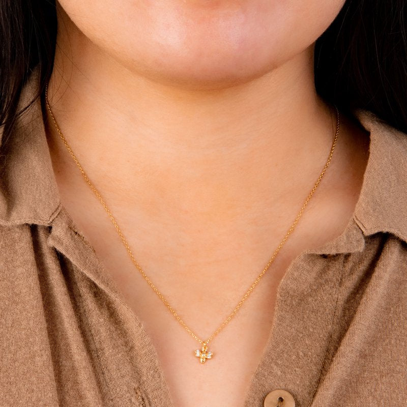Gold Over Sterling Silver Bee Necklace with Cubic Zirconia - 16" Chain for Women & Teens