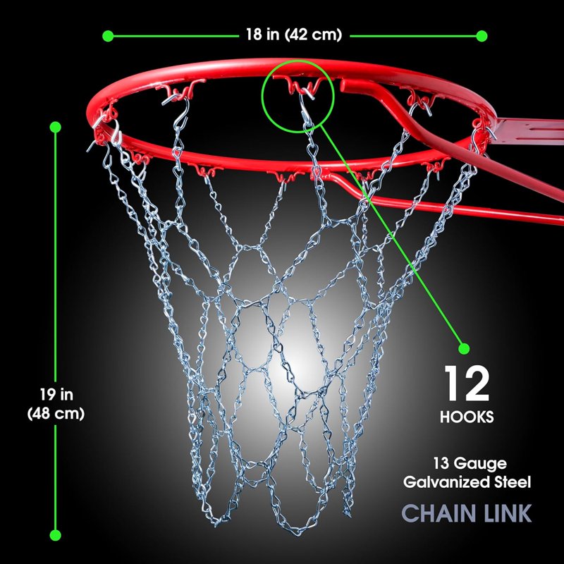 Heavy Duty Chain Basketball Net - Rustproof All-Weather Metal Replacement - 12-Loop Standard Size