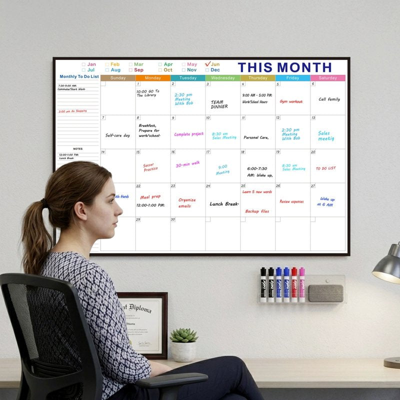 Large Wall-Mount Dry Erase Calendar 48x32 Inch Whiteboard with Marker Tray