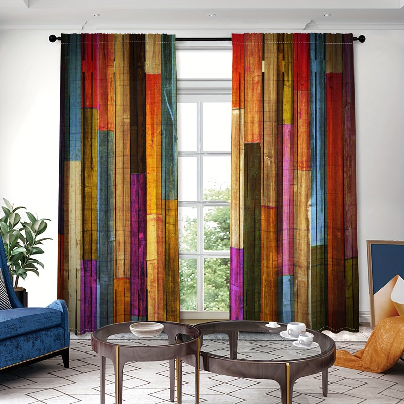 Colorful Wooden Pattern Polyester Curtains Set of 2 for Bedroom & Living Room