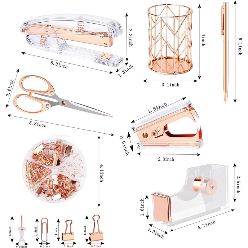 Rose Gold Desk Organizer Set with Stapler Pen Holder Scissors & Staples