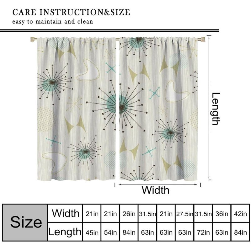 Mid Century Retro Curtains Set - Atomic Pattern Window Treatments for Bedroom & Living Room