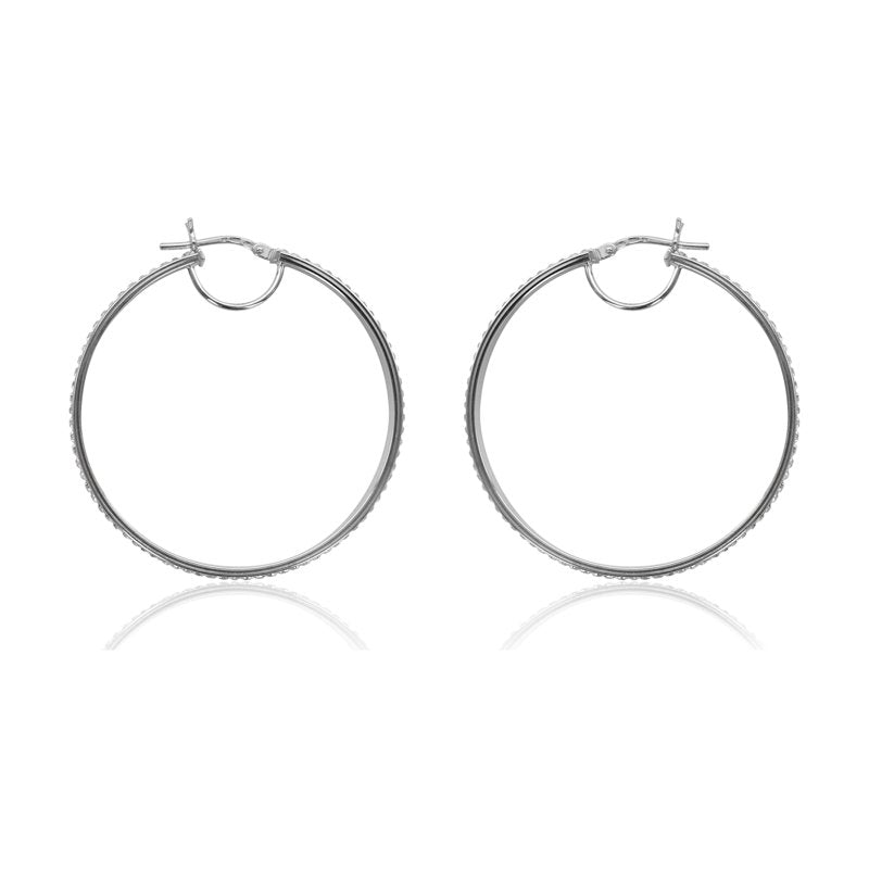 Sterling Silver Hoop Earrings with Crystals - Rhodium Plated Women's Jewelry