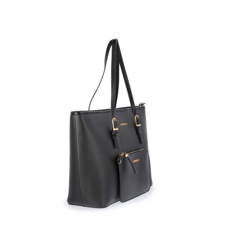Women's Faux Leather Tote Bag with Detachable Pouch - Black