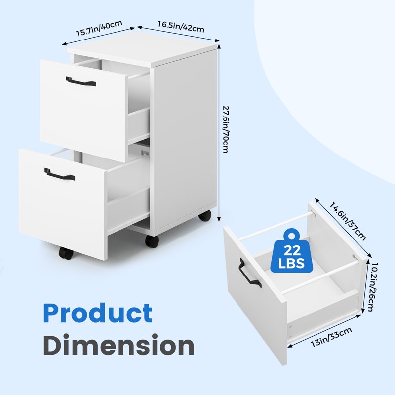 2-Drawer Lockable Rolling File Cabinet for Home Office Storage