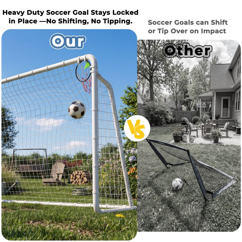 8' x 6' Set of 2 Heavy-Duty Soccer Goals with Steel Frame, Shooting Ring, Cones & Stakes (Mersco) - Backyard Outdoor Soccer Equipment