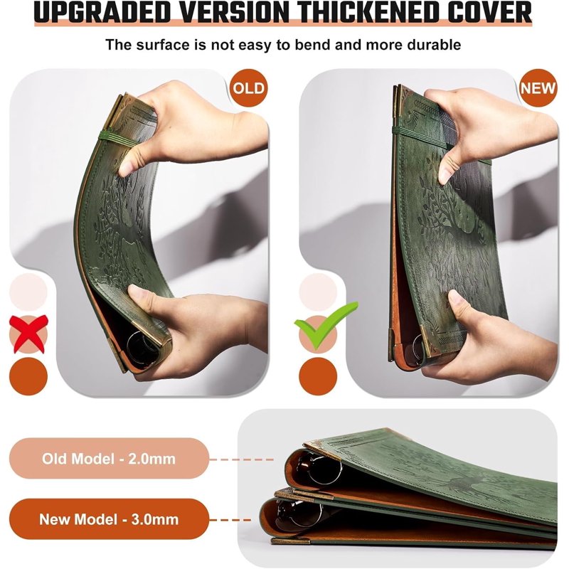 2 Pack Leather 3 Ring Binders for 8.5x11 Paper - 1 Inch Capacity, Green & Brown