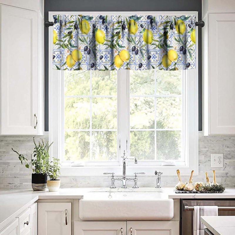 Summer Lemon Watercolor Window Valance Curtains for Farmhouse Kitchen 54x18 Inches
