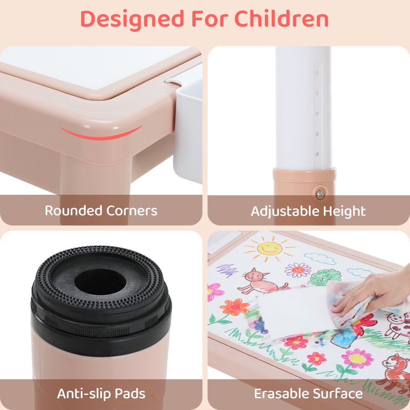 Kids Activity Table and Chair Set with Reversible Surface & Storage - Adjustable Height, Pink