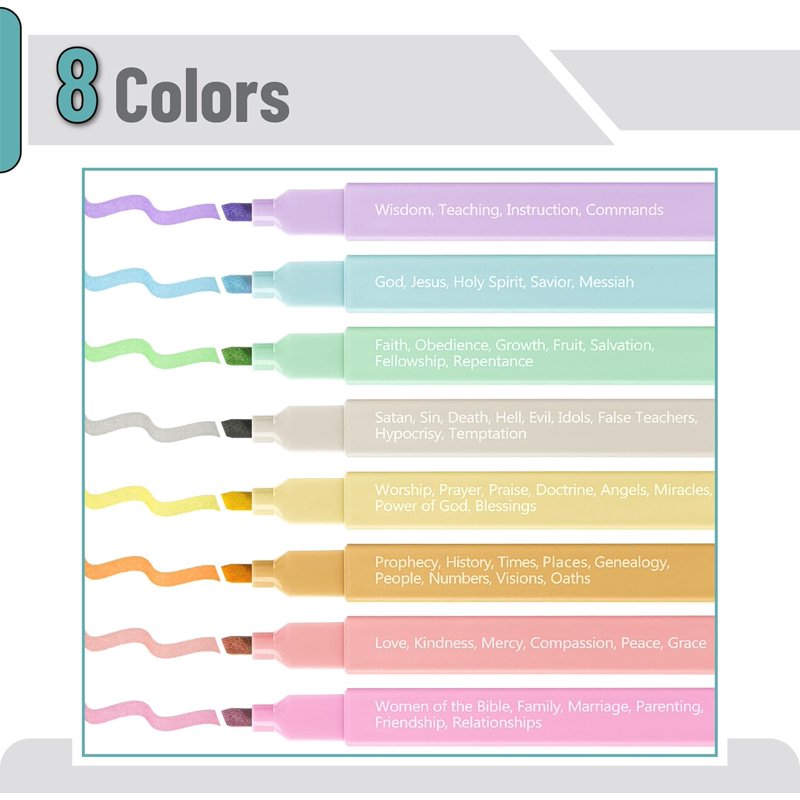 Bible Highlighters with Color-Coding System, 8 Pack - Soft Pastel Chisel Tip