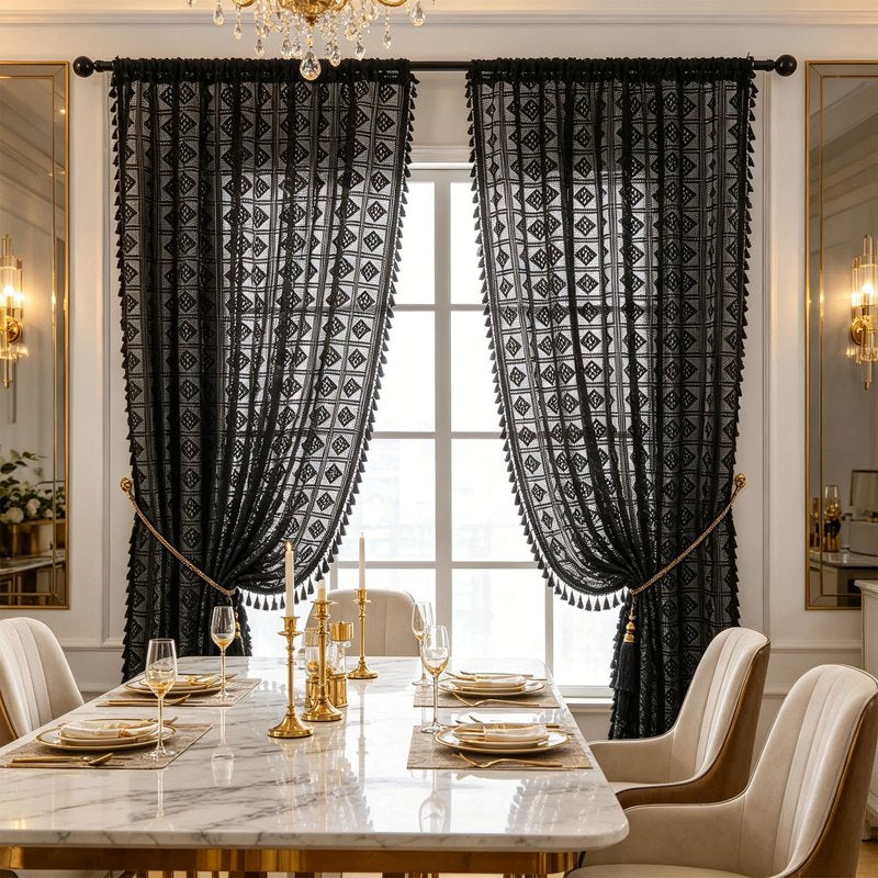 Black Sheer Embroidered Curtains 55x79 Inches Openwork Semi Shade Drapes