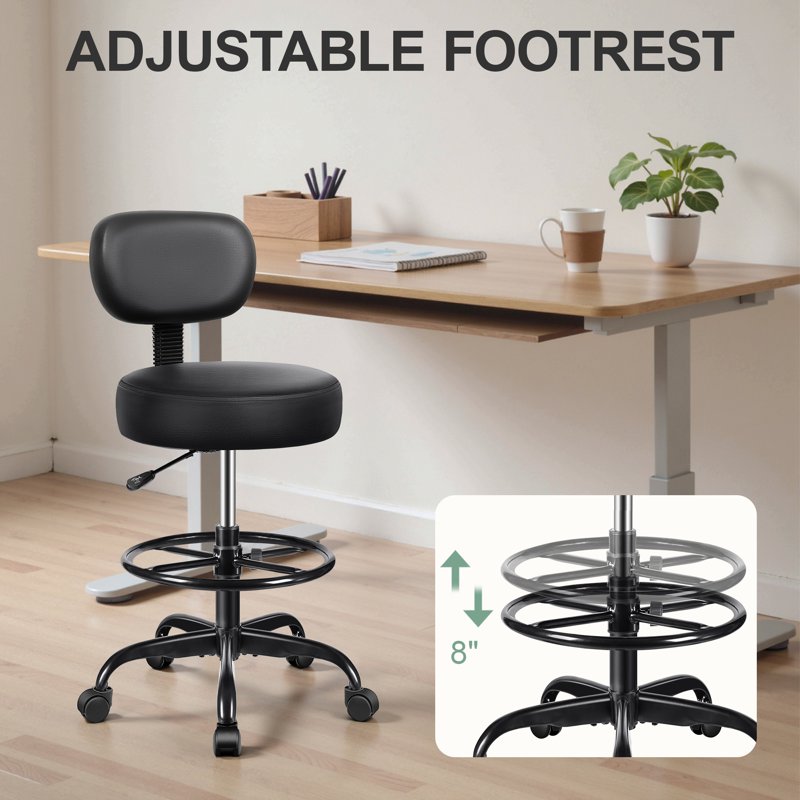 Adjustable Drafting Office Chair with Backrest - PU Leather, Thick Cushion, 300lb Capacity