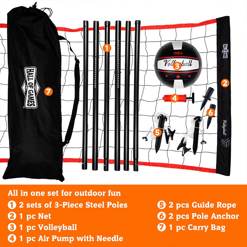 Outdoor Volleyball Net Set with Adjustable Steel Poles and Carrying Bag - 32 ft Official Size Ball