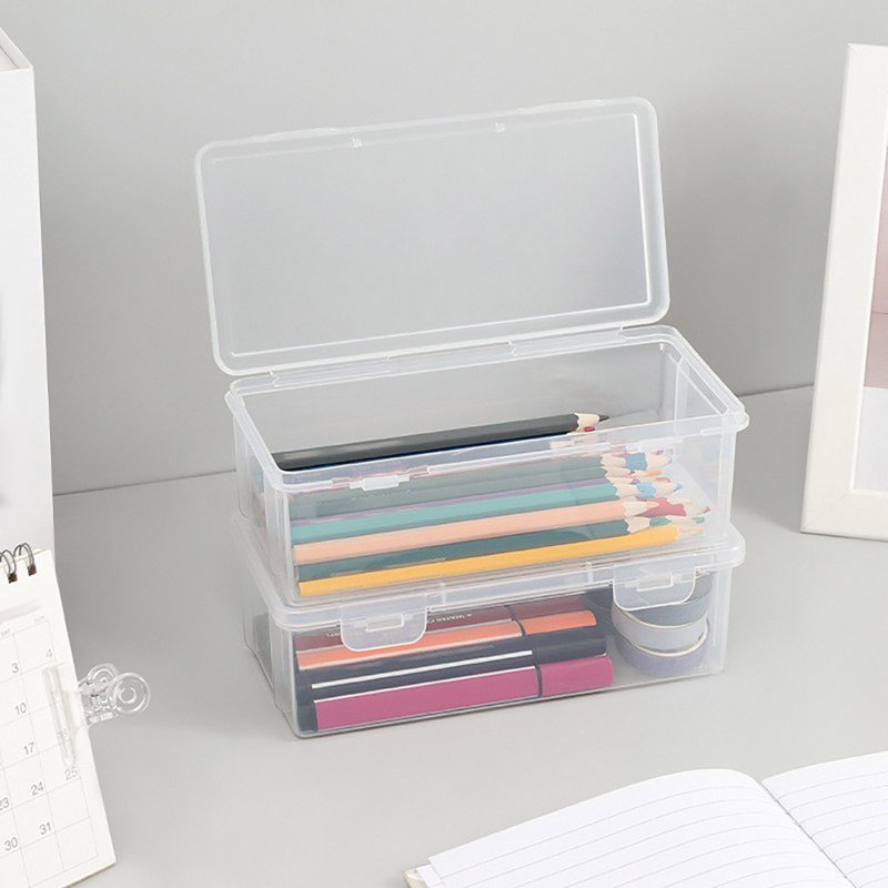 Large Transparent Plastic Pencil Box with Locking Lid & Handle - Space-Saving Organizer