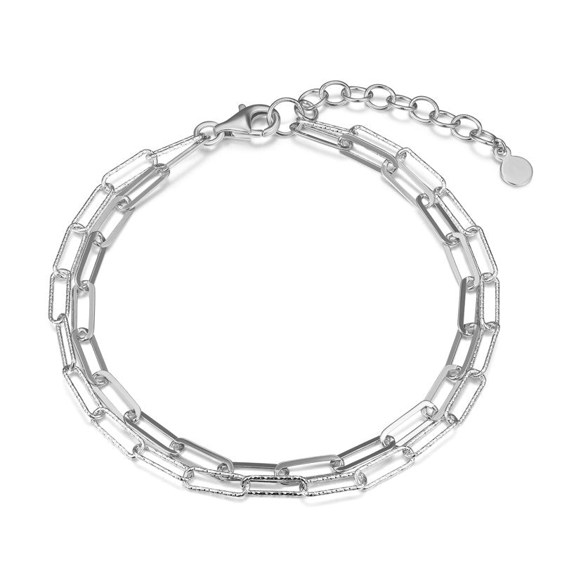 Sterling Silver Double Chain Paperclip Bracelet - Hypoallergenic, Adjustable Length
