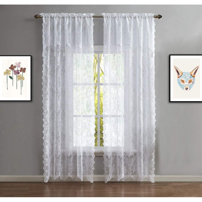 Semi Sheer Lace Curtains with Attached Valance - Vintage Elegant Window Treatment