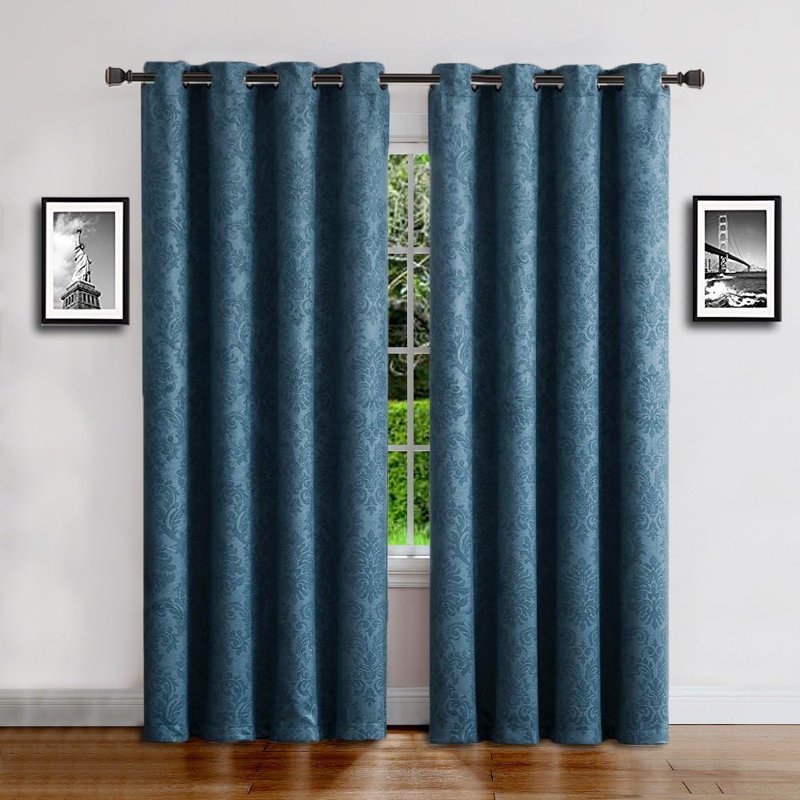 Blackout Curtains with Embossed Damask Pattern - Room Darkening Thermal Drapes