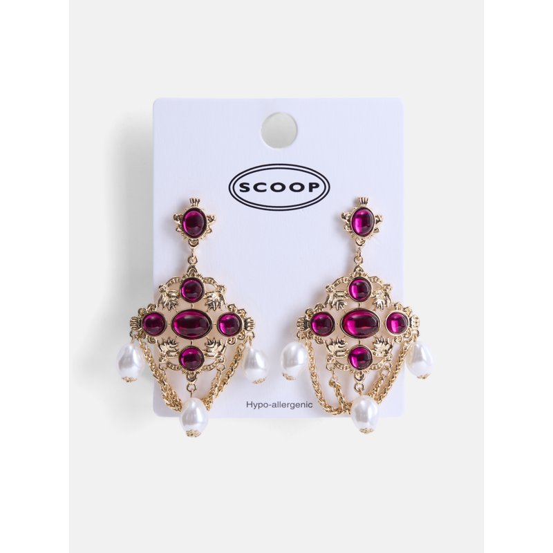 Gold Tone Chandelier Earrings for Women - Faux Pearl & Jewel Accents
