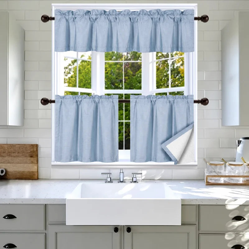 Faux Silk Blackout Kitchen Curtain Set - 3 Piece Window Treatment, Multiple Colors